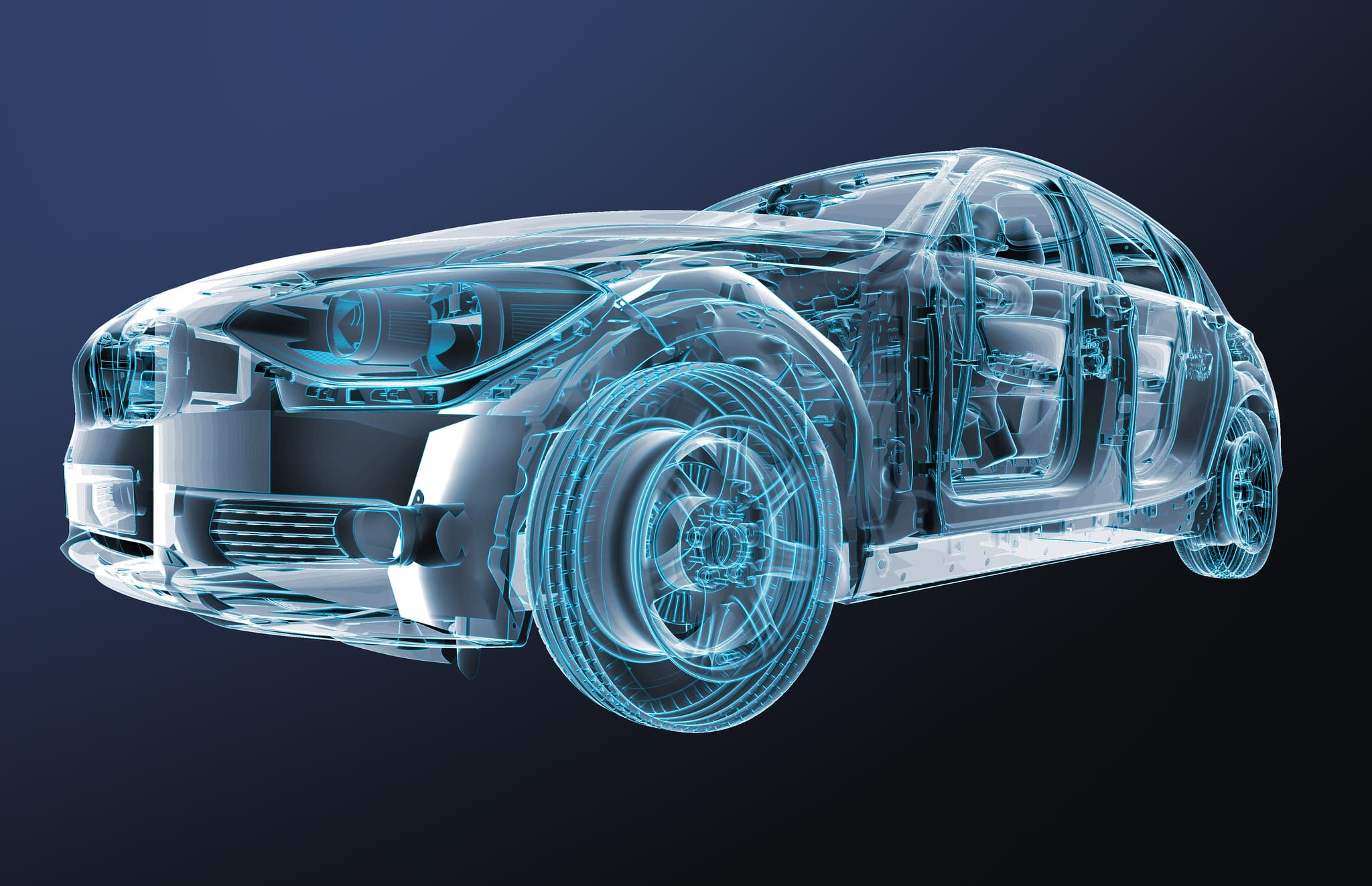 Futuristic transparent car with AI technology visualization